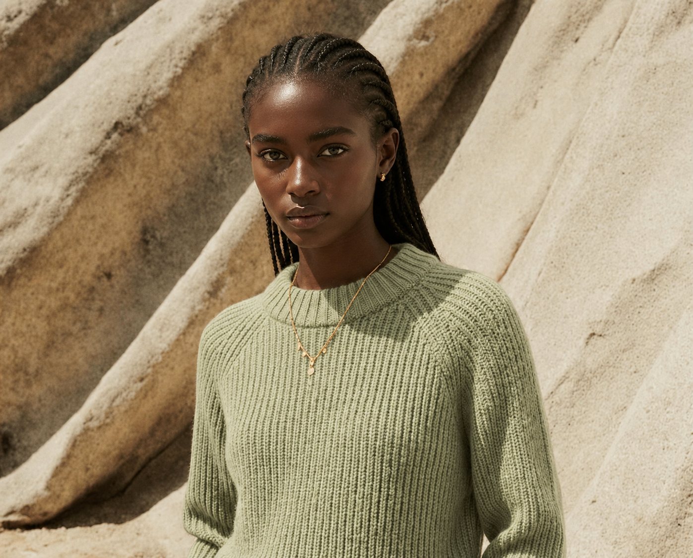 Model wearing a sage green forest knit sweater