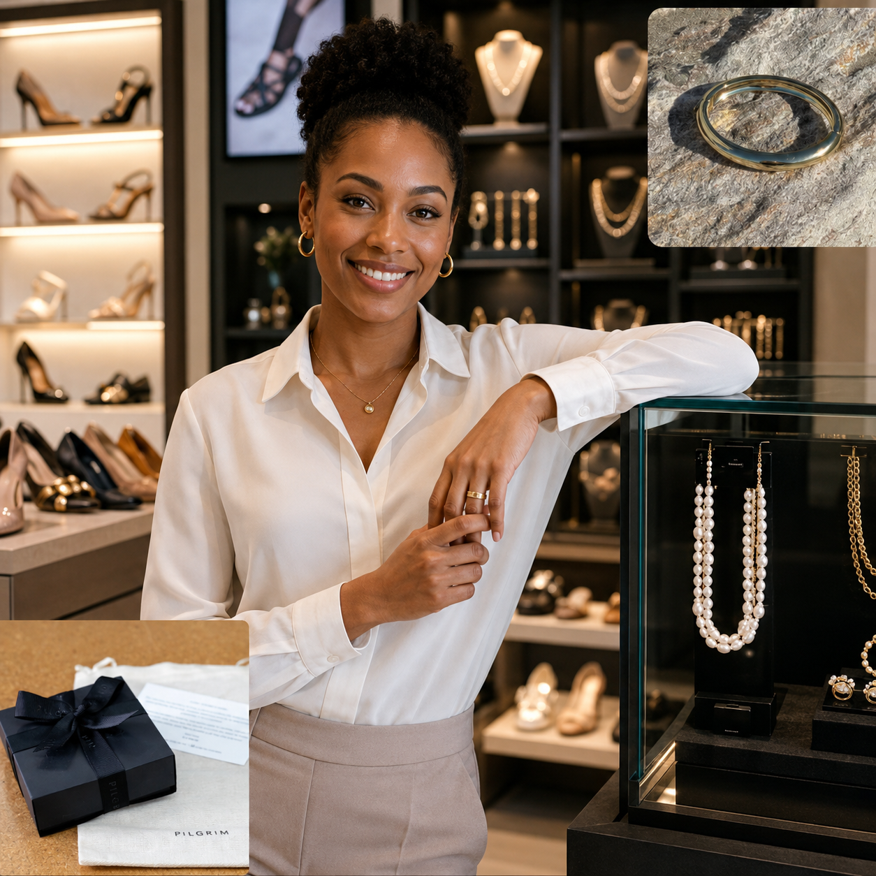 Merchant calmly managing their business from a modern boutique